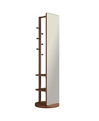 Midola 360 Degree Rotating Multifunctional Full-Length Floor Mirror with Coat Rack and Hook Storage, Solid Wood Frame for Bedroom and Living Room