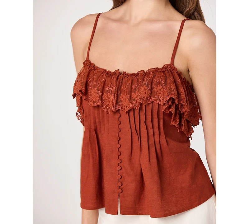 Astr the Label Women's Ruffled Lace Trim Straight Neck Tank Top