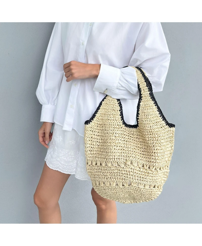 Adornia Fine Women's Raffia Oversized Hobo Shoulder Bag with Edging