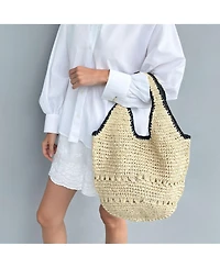 Adornia Fine Women's Raffia Oversized Hobo Shoulder Bag with Edging