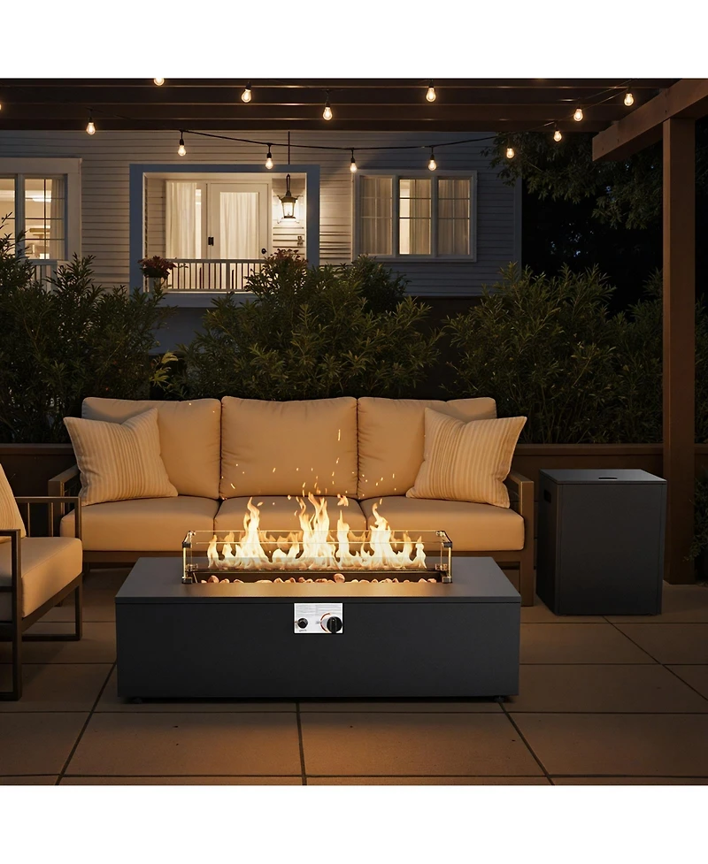 Pocassy 2-Piece Modern Fire Pit Table with Tank Table 50,000 Btu Deck Fire Pit Table Includes Wind Guard, Lid and Rocks
