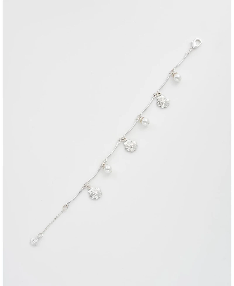 Fable England Silver Pansy and Pearl Charm Bracelet
