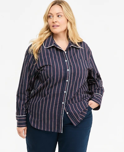 On 34th Plus Size Striped Poplin Long-Sleeve Button Down Shirt, Macy's Exclusive
