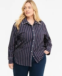 On 34th Plus Size Striped Poplin Long-Sleeve Button Down Shirt, Macy's Exclusive