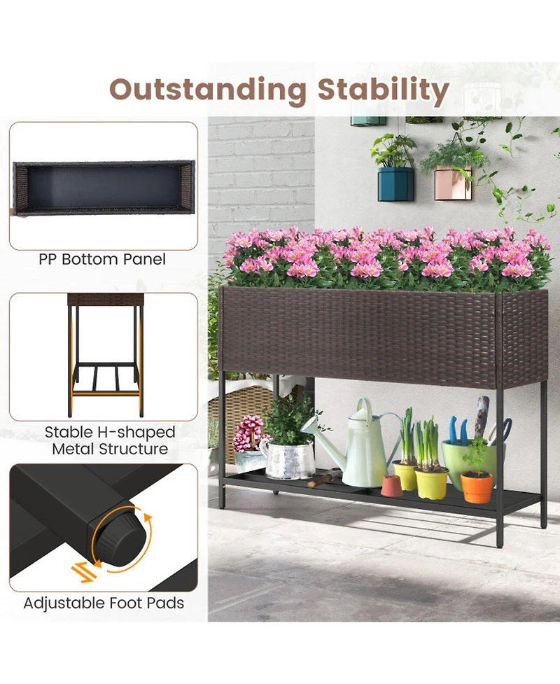Gouun Elevated Wicker Raised Garden Bed with Storage Shelf and Drainage Gaps