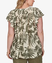 Ruby Rd. Plus Size Tropical Print Gauze Flutter-Sleeve Top