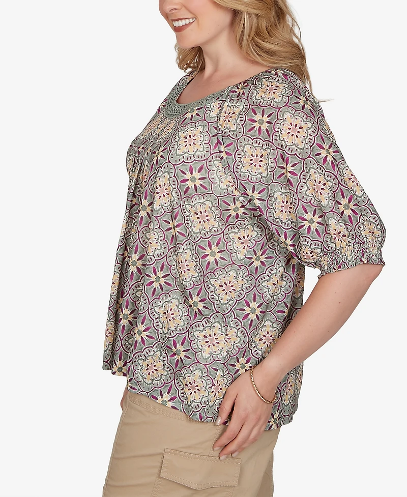 Ruby Rd. Plus Desert Geo Print Lace Trim Knit Top