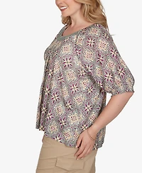 Ruby Rd. Plus Desert Geo Print Lace Trim Knit Top