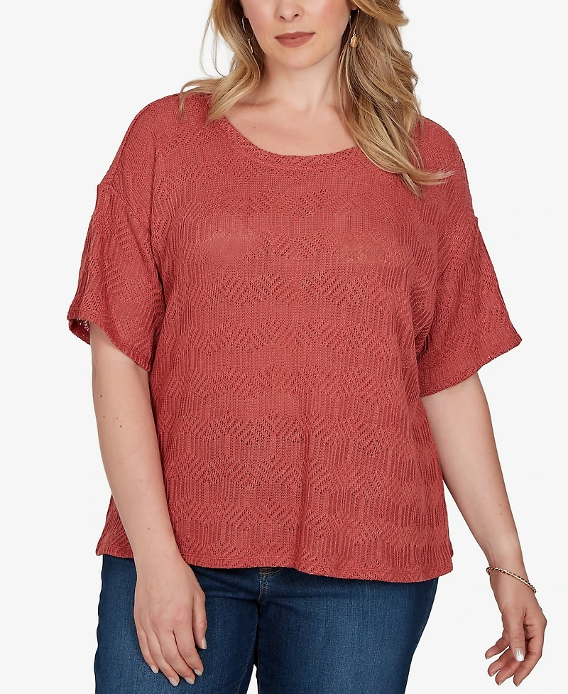 Ruby Rd. Plus Crochet Diamond Textured Knit Top