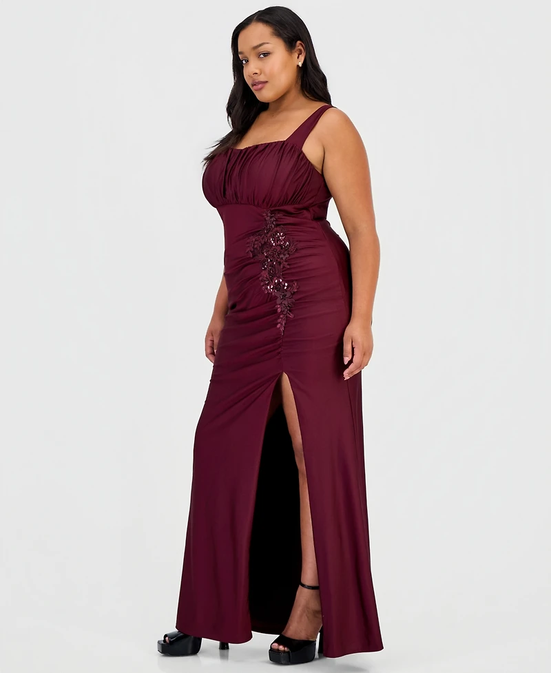 City Studios Trendy Plus Ruched Satin Applique Gown