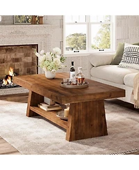 Tribesigns 2-Tier Solid Wood Coffee Table, 47-Inch Rectangular Wood Coffee Table, Farmhouse Center Table with Storage