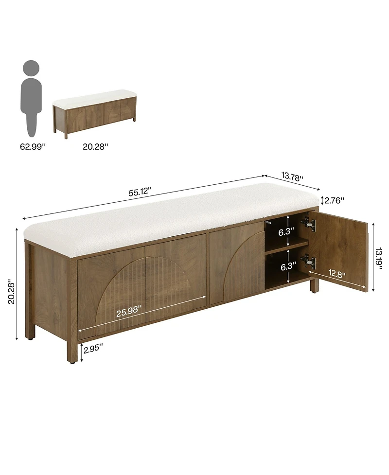 Tribesigns 55" Shoe Storage Bench with Thickened Padded Seat Cushion, 2-Tier Wooden Farmhouse Indoor Entryway Bench with Pop-Up Doors