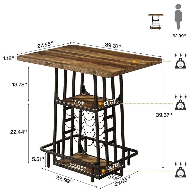Tribesigns 3-Tier Industrial Bar Table, 39.4 Inch High Top and Counter Height Pub Table with Glass Holder and Wine Rack