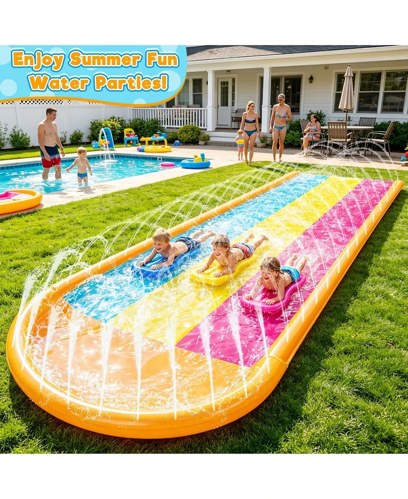 Aofar 3 Sided Safe Fence Triple Slip Water Slide 3-way Sprinklers Bodyboards Summer Outdoor