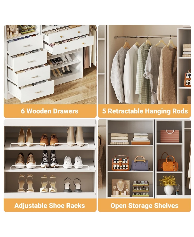 Aheaplus Wooden Closet System Set with 6 Drawers and 5 Hanging Rods and 6 Shelves