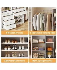 Aheaplus Wooden Closet System Set with 6 Drawers and 5 Hanging Rods and 6 Shelves