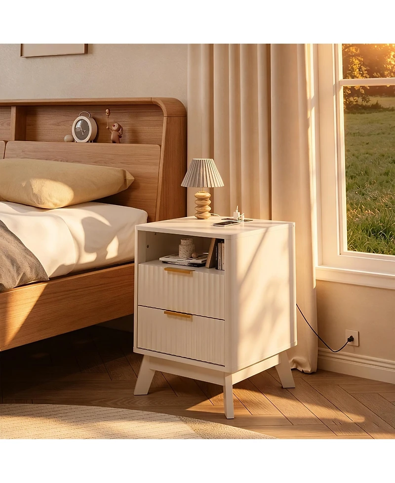 gaomon 18" Modern Fluted Nightstand with Charging Station, Curved Profile Side Table 2 Drawers, Multi-Functional End for Bedroom
