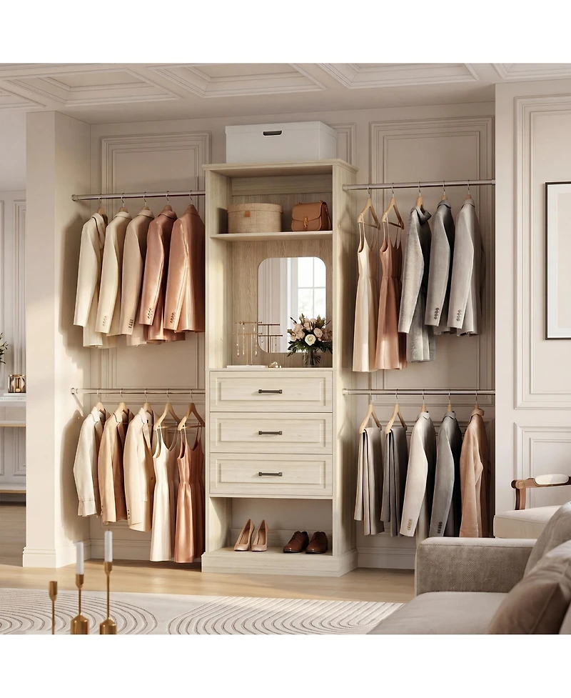 Aheaplus Wooden Closet Organizer with 4 Hanging Rods and 3 Drawers Mirror