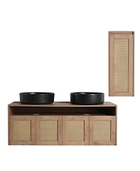 Sillysis 47 Inch Wall Mounted Double Bathroom Vanity Set, Modern Plywood Cabinet with Dual Vessel Sinks, Rotating Rattan Side Storage