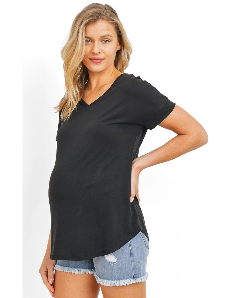 Hello Miz Maternity Short Sleeve V Neck Top with Back Strap Detail