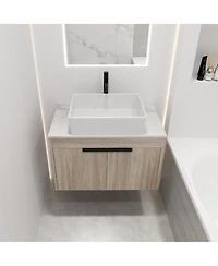 Sillysis Wall Mounted Bathroom Vanity with Ceramic Vessel Sink,Stone Top, Soft Close Doors, Modern Handle Design