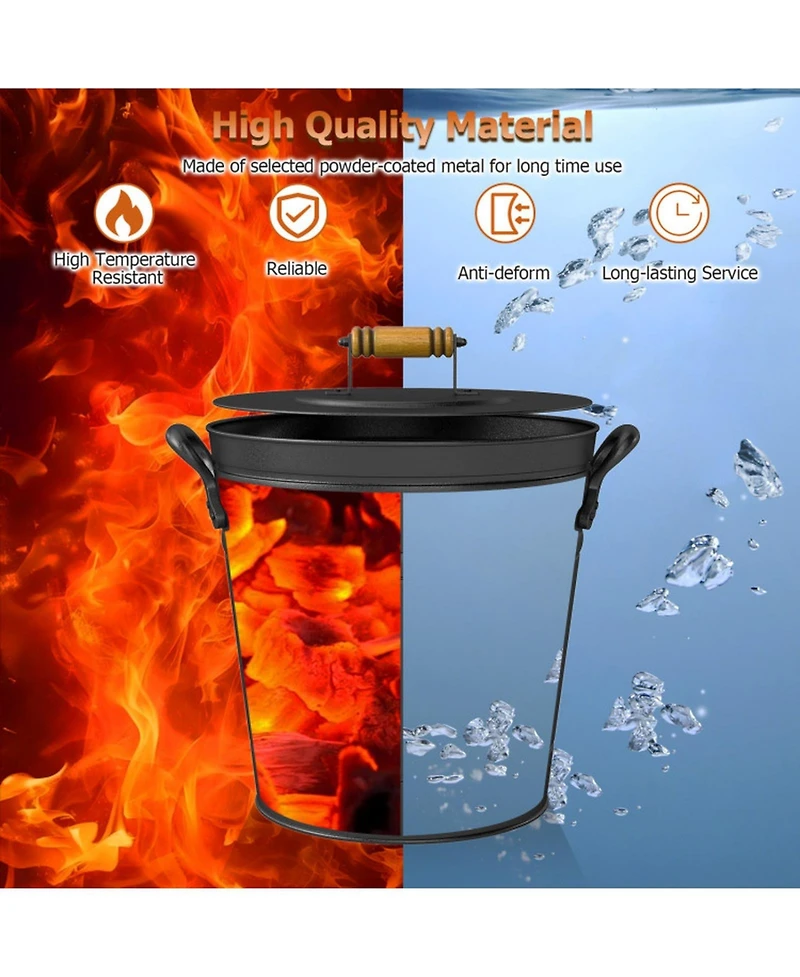 Gouun Gallon Metal Coal Ash Can with Wooden Lid and Side Grip Handles