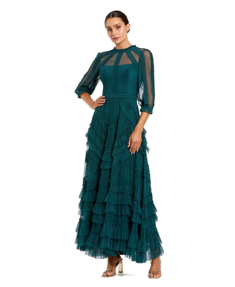 Mac Duggal Women's Sleeve Tiered Ruffle Mesh Gown
