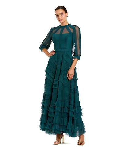 Mac Duggal Women's Sleeve Tiered Ruffle Mesh Gown