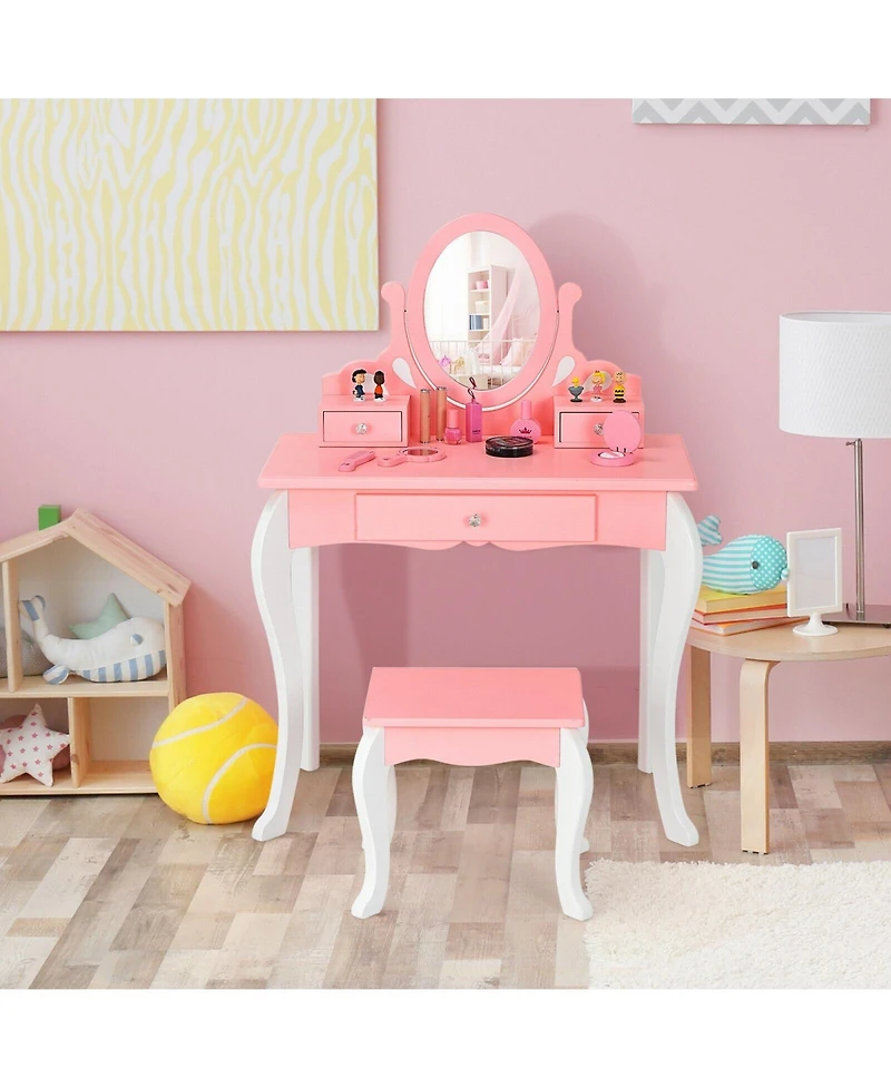 Gouun Kids Vanity Princess Makeup Dressing Table Stool Set with Mirror and Drawer