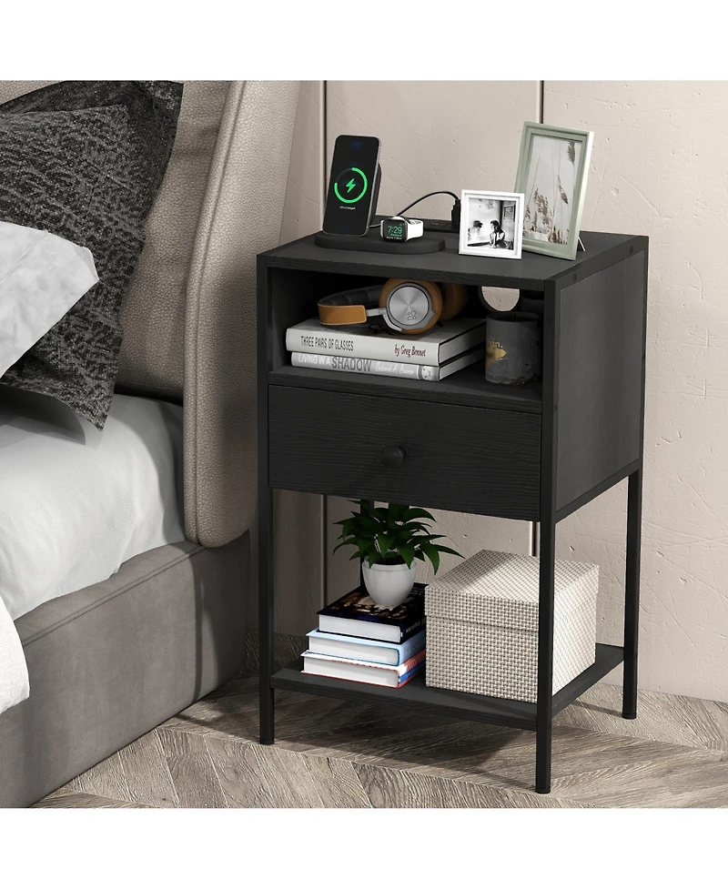 Gymax Nightstand with Charging Station Bedside Table Usb Ports and Outlets
