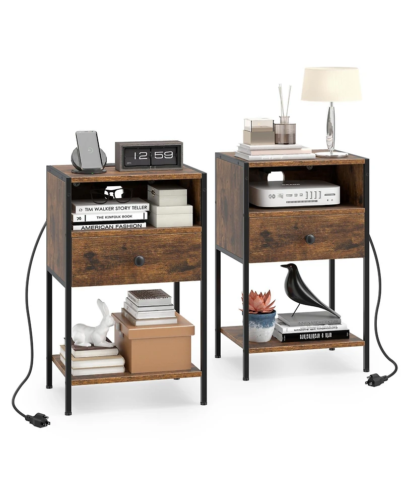 Gymax 2 pieces Nightstand w/ Charging Station Bedside Table w/ Usb Ports and Outlets