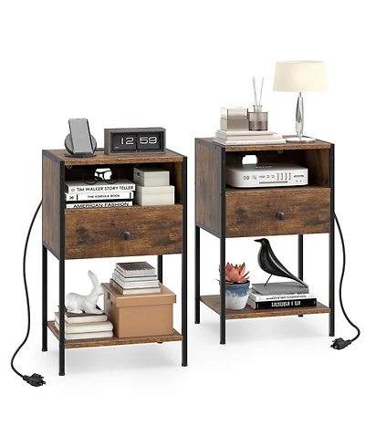 Gymax 2 pieces Nightstand w/ Charging Station Bedside Table w/ Usb Ports and Outlets