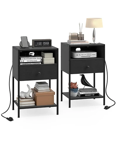 Gymax 2 pieces Nightstand w/ Charging Station Bedside Table Usb Ports and Outlets