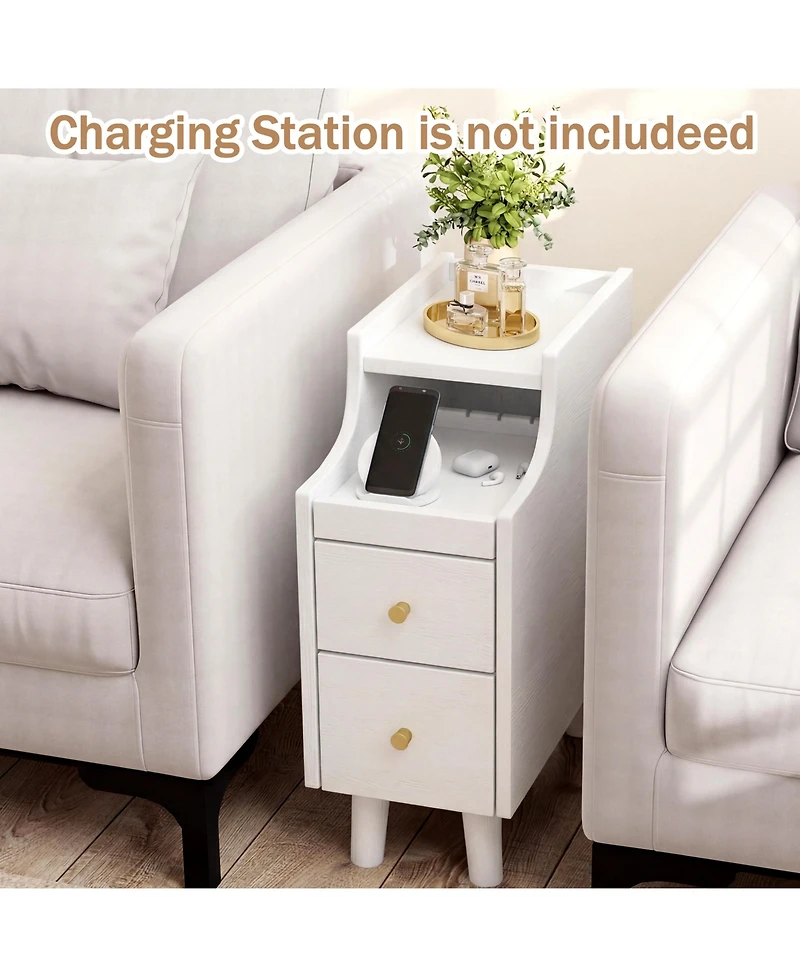 Gymax 2PCS Narrow Nightstand Solid Wood End Table w/Pull-out Tray and 2 Storage Drawers