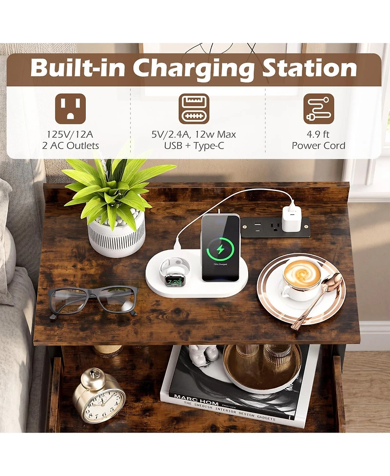 Gymax 2 pieces Nightstand Wall-mounted Bedside Table w/ Led Lights and Charging Station