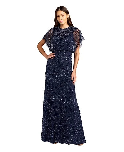 Mac Duggal Petite High Neck Short Sleeve Embellished Gown