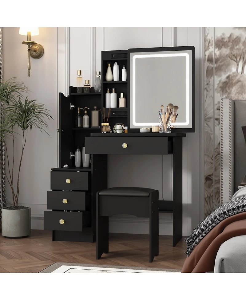 Homsee 52-Inch Vanity Desk with Matching Stool - Modern Makeup Table Led Light & Sliding Mirror | 2-in-1 Dresser Nightstand Combo