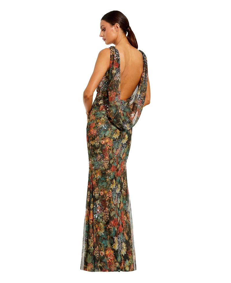 Mac Duggal Women's High Neck Printed Mesh Cowl Back Column Gown
