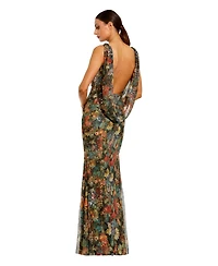Mac Duggal Women's High Neck Printed Mesh Cowl Back Column Gown