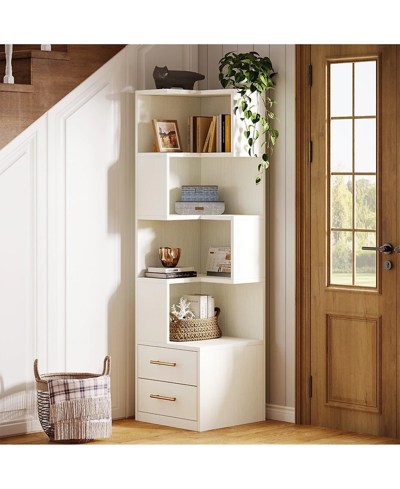 Slickblue Corner Bookcase with 5 Tier Storage Shelves and 2 Drawers