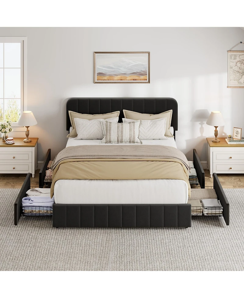 homfan Velvet Platform Bed Frame Channel Tufted Wingback Headboard Upholstered Wood Slats No Box Spring