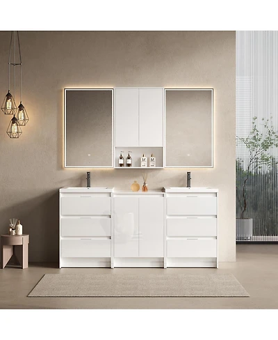 Sillysis 71 Inch Double Sink Modern Freestanding Bathroom Vanity with Resin Sinks, Soft Close Drawers, Storage and Wall Cabinets