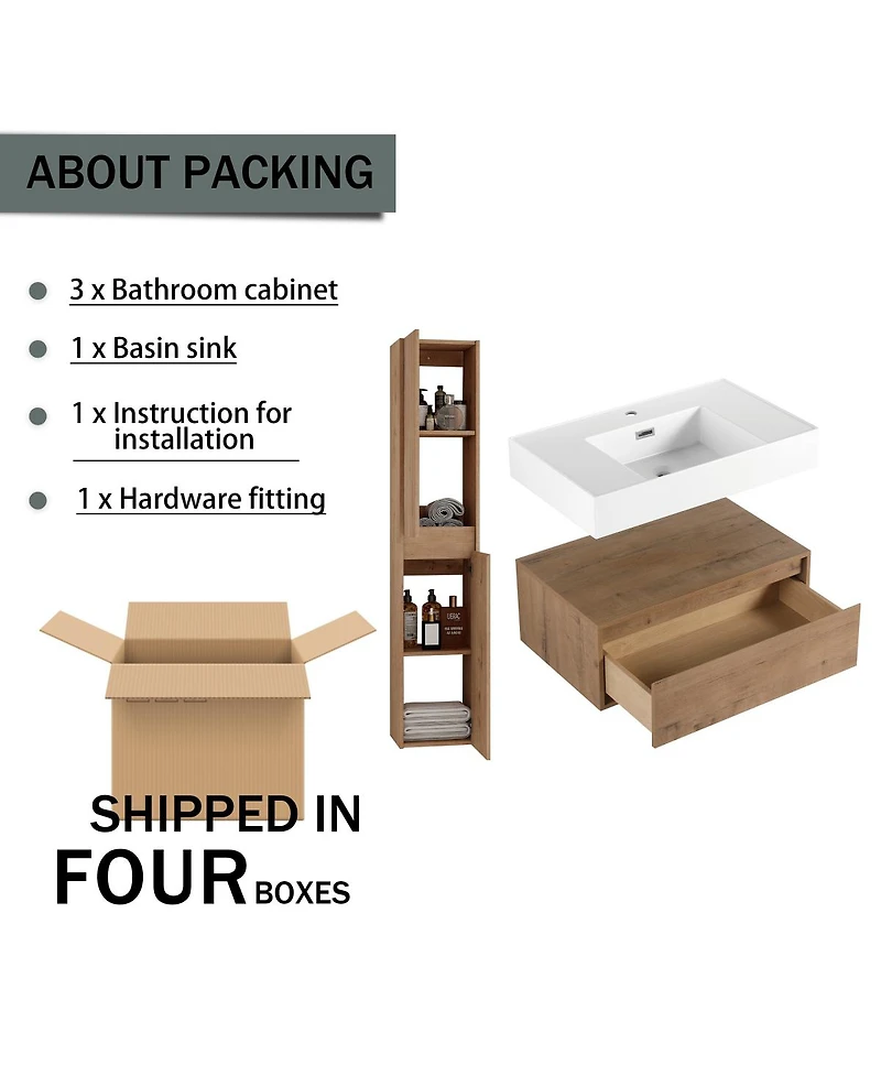 Sillysis 29.5 Inch Wall Mounted Modern Bathroom Vanity with Resin Sink, Soft Close Drawer, Two Tall Side Cabinets for Ample Storage