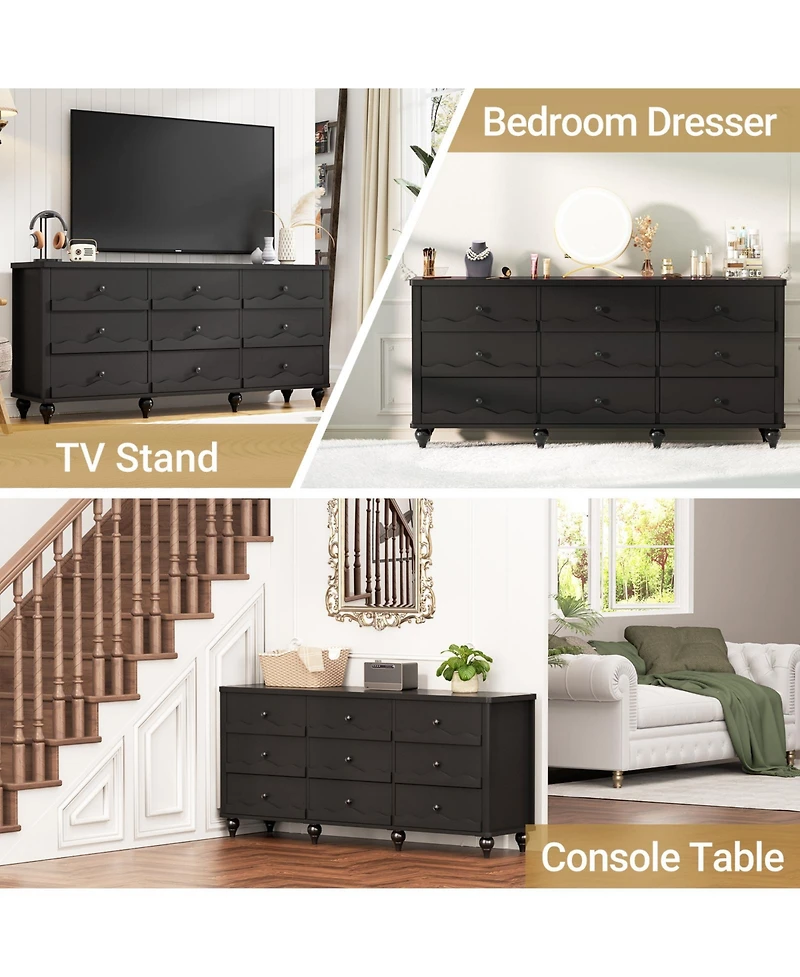 Aheaplus Wooden 9 Drawers Dresser Storage Cabinet with Scalloped Front