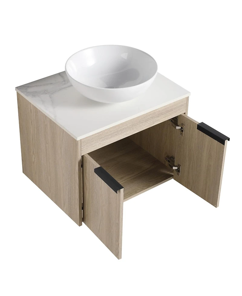 Sillysis Wall Mounted Bathroom Vanity with Ceramic Vessel Sink, Stone Top, Soft Close Doors