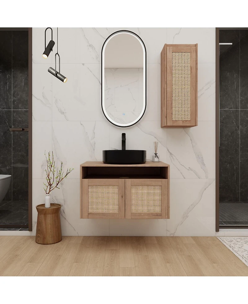 Sillysis Wall Mounted Bathroom Vanity Set, Modern Plywood Cabinet with Vessel Sink, Rotating Rattan Side Storage