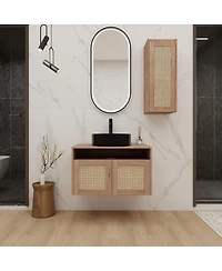Sillysis Wall Mounted Bathroom Vanity Set, Modern Plywood Cabinet with Vessel Sink, Rotating Rattan Side Storage