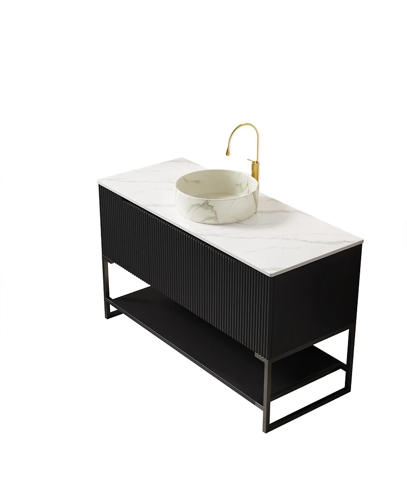 Sillysis 48 Inch Modern Bathroom Vanity with Sintered Stone Countertop, Ceramic Vessel Sink, Soft Close Doors, Open Shelf