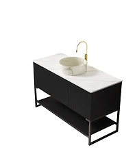 Sillysis 48 Inch Modern Bathroom Vanity with Sintered Stone Countertop, Ceramic Vessel Sink, Soft Close Doors, Open Shelf