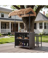 Pocassy 3-Piece Outdoor Tiki Bar Set with Palapa Top, Wicker Islander Tiki Bar and 2 Wicker Stools for Garden